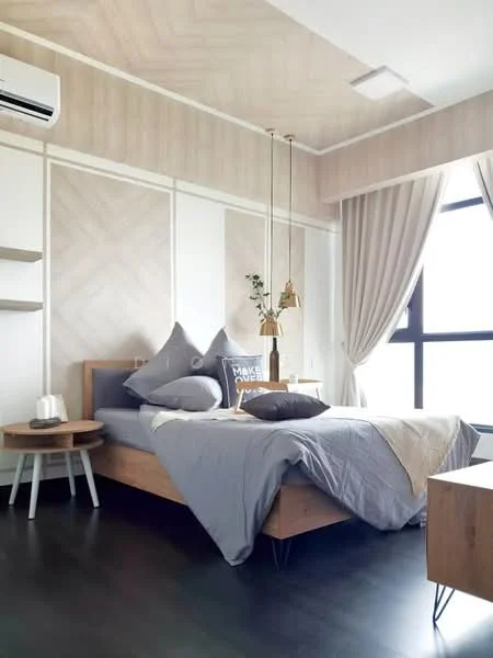 Bedroom features: queen-size bed with grey bedding, wooden bed frame, two bedside tables, decorative pillows, wall-mounted air conditioning unit, floor-to-ceiling window, sheer curtains, wooden accent wall with herringbone pattern, recessed ceiling lights, pendant lights above the bed, dark wood flooring; style: modern.