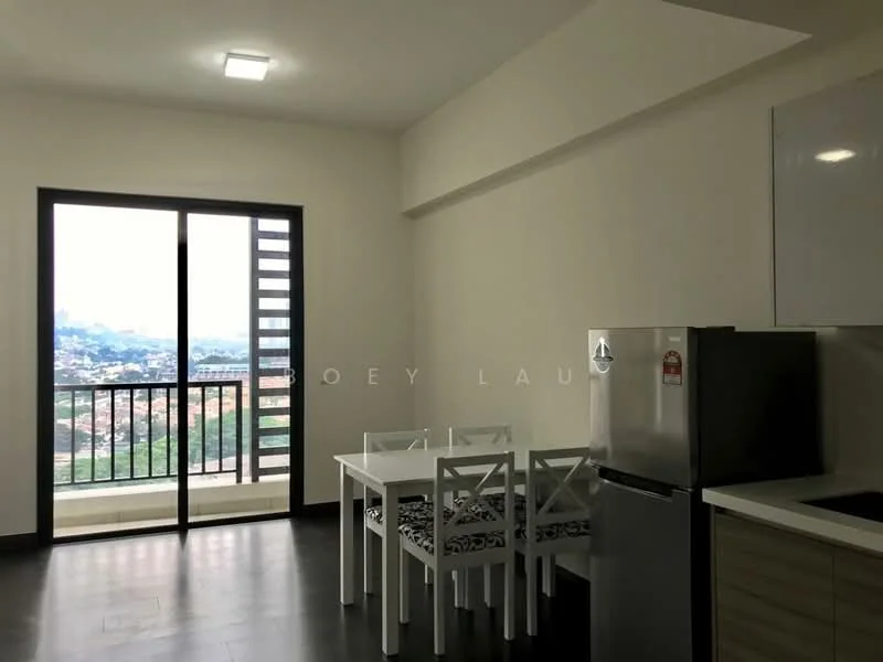 Room features: floor-to-ceiling windows, sliding glass door, white painted walls, dark laminate flooring, dining table with four chairs, stainless-steel fridge, kitchen cabinetry, city view; style: modern; view: city.