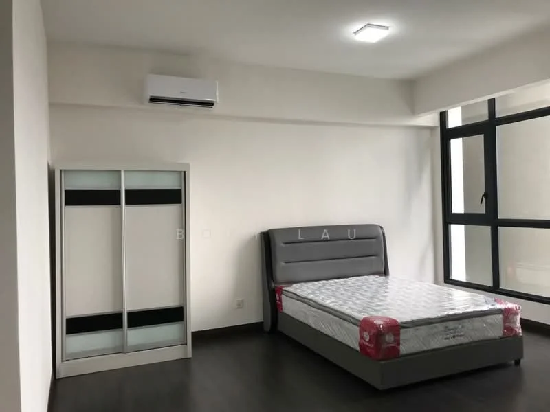 Bedroom features: king-size bed, upholstered headboard, built-in wardrobe with sliding doors, floor-to-ceiling windows, wall-mounted split AC, dark wood flooring, neutral painted walls, recessed ceiling lights; style: modern.