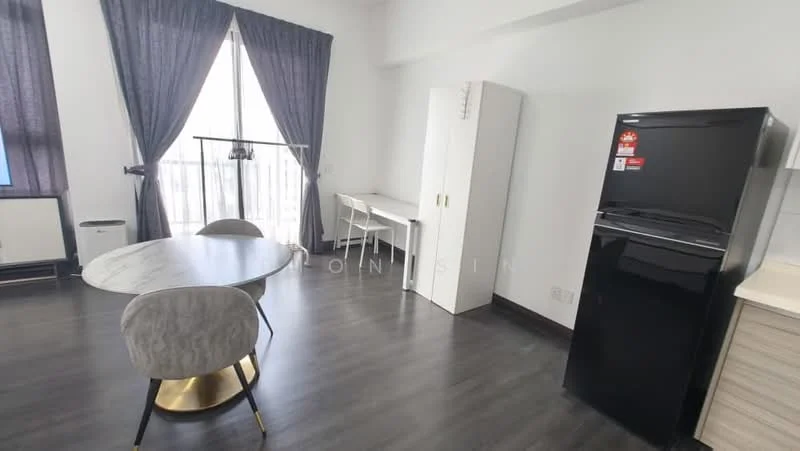 Room features: round dining table with gold base, 4 upholstered dining chairs in grey, black refrigerator, white wardrobe, white desk, curtains in dark grey, floor-to-ceiling window, laminate flooring in dark tone; style: modern.