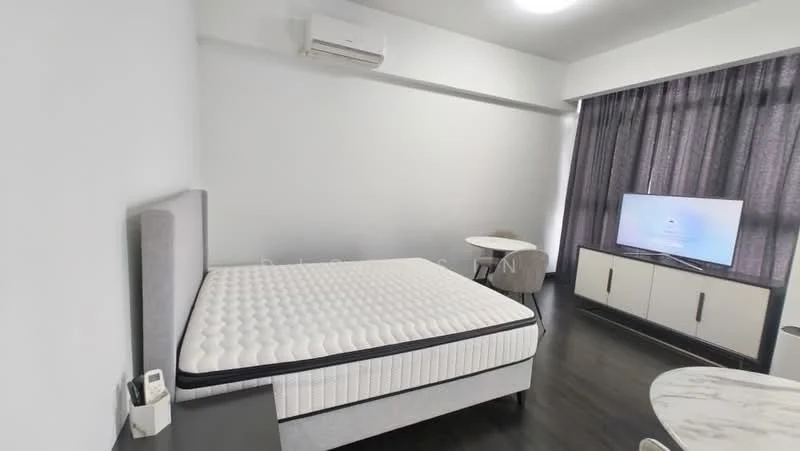 Bedroom features: queen-size bed with mattress, grey upholstered headboard, dark wood flooring, wall-mounted air conditioning unit, floor-to-ceiling windows with sheer curtains, wall-mounted TV, white TV console, small round dining table, upholstered chair; style: modern.
