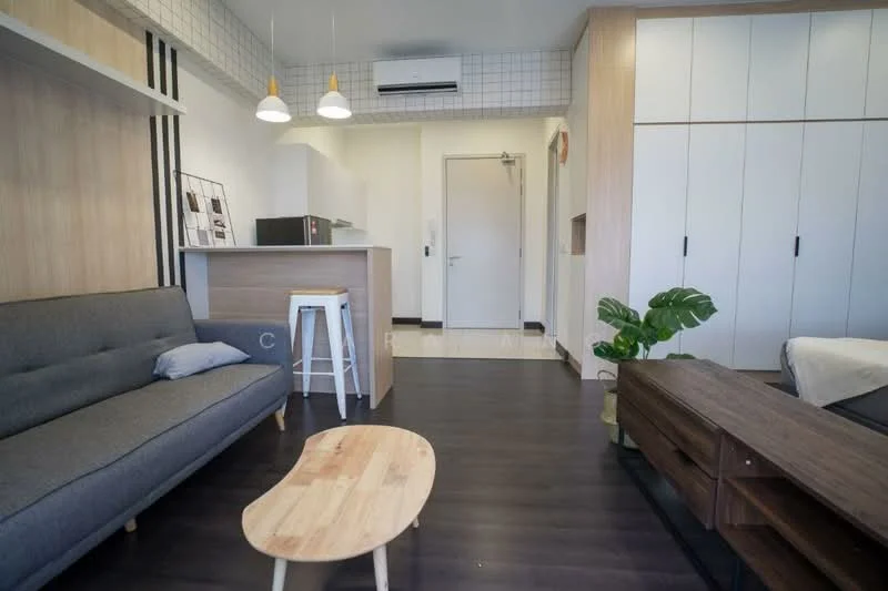 Living features: grey fabric sofa, wooden coffee table, TV console, wall-mounted TV, white cabinetry, wood paneling, recessed downlights, air conditioning unit, laminate flooring, decorative plant, open shelving, white walls; style: modern.