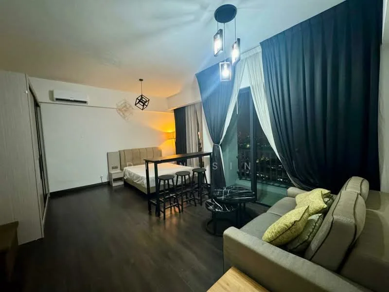 Living features: dark wood flooring, floor-to-ceiling windows, blackout curtains, sheer curtains, sofa in light grey fabric, coffee table, bed with upholstered headboard, dining table with black chairs, wall-mounted split AC, pendant lighting, decorative cushions; style: modern; view: city.
