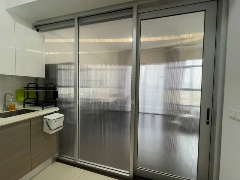 Kitchen features: white cabinetry, grey countertop, stainless-steel sink, sliding glass door, tile flooring, built-in shelving unit, recessed lighting, open layout; style: modern.