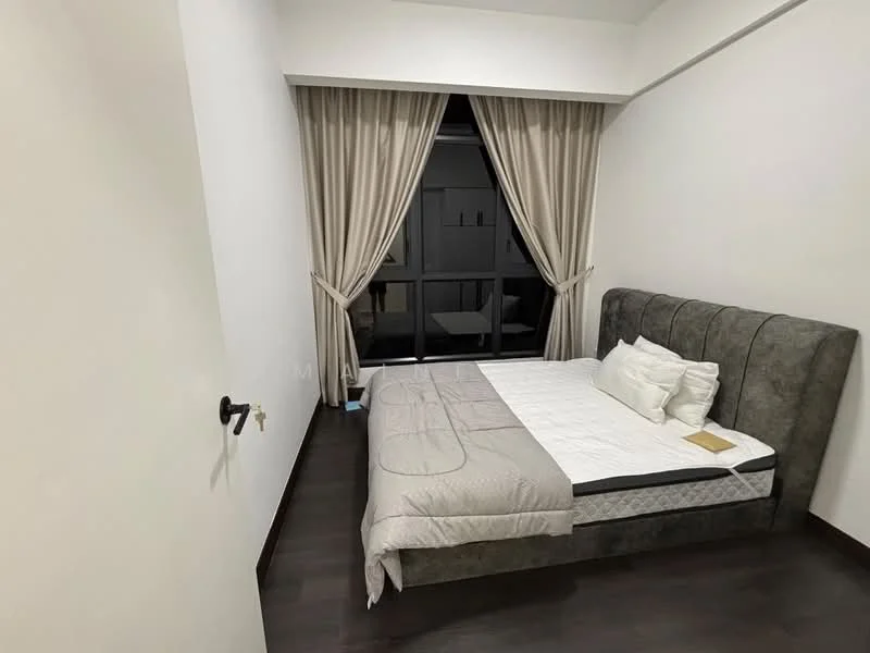 Bedroom features: queen-size bed with upholstered headboard, white bedding, floor-to-ceiling windows, sheer curtains, dark wood flooring, light grey walls, decorative pillows, nightstand with lamp, built-in wardrobe; style: modern.