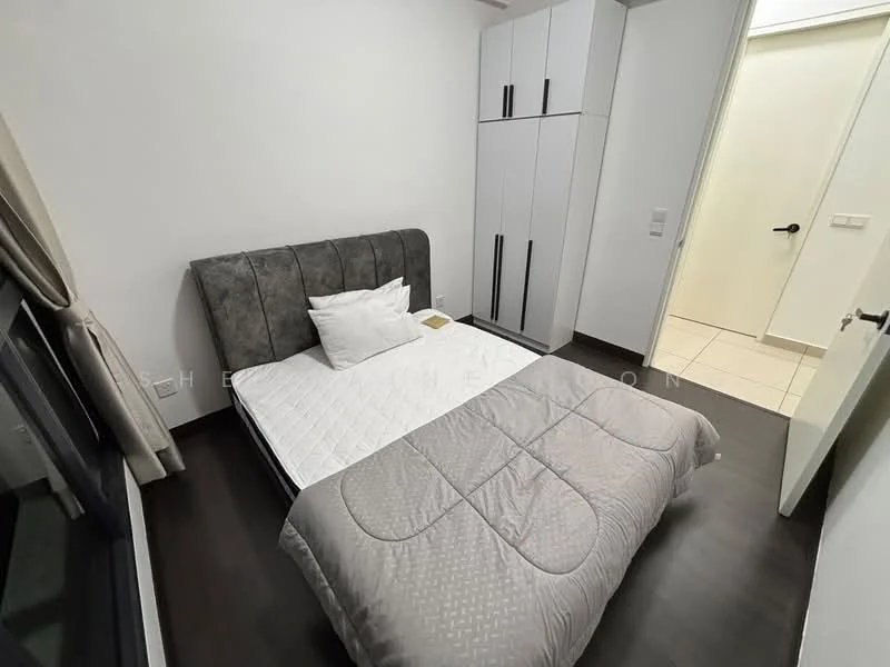 Bedroom features: queen-size bed with upholstered headboard, grey bedding, white pillow, dark wood flooring, white painted walls, built-in wardrobe with sliding doors, floor-to-ceiling window, curtains, light switch on wall, door leading to hallway; style: modern.