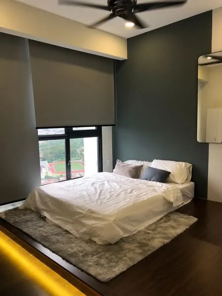 Bedroom features: king-size bed with white bedding, upholstered headboard, 2 bedside pillows, area rug with fluffy texture, dark wood flooring, floor-to-ceiling window, roller blinds, ceiling fan with light, decorative mirror on wall, accent wall in dark green, white painted walls, built-in wardrobe; style: modern; view: city.