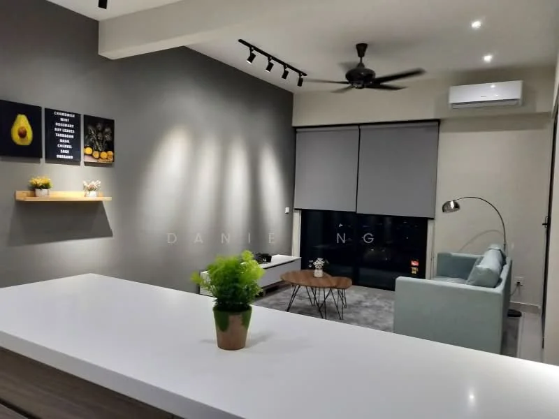 Living features: grey painted walls, recessed downlights, 5-blade ceiling fan, floor-to-ceiling windows, roller blinds, light grey sofa, wooden coffee table, decorative wall shelf, framed artwork, decorative plant, laminate flooring, air conditioning unit; style: modern; view: city.