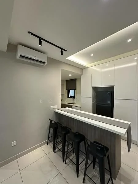 Kitchen features: white cabinetry, stainless-steel fridge, black bar stools, white countertop, tile flooring, wall-mounted split AC, recessed downlights, window with natural light, open layout, kitchen island, modern faucet; style: modern.