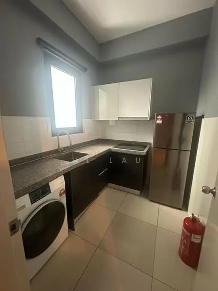 Kitchen features: grey painted walls, white upper cabinets, black lower cabinets, granite countertop, single-bowl stainless-steel sink, chrome pull-down faucet, built-in oven, stainless-steel fridge, front-load washing machine, fire extinguisher, tile flooring; style: modern.