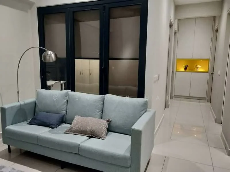 Living features: light blue fabric sofa, 3-seater sofa, decorative cushions, floor lamp with curved arm, white walls, glossy white tile flooring, glass sliding doors, built-in cabinetry with backlighting; style: modern. Room features: white cabinetry, yellow backlit feature, unknown room beyond sliding doors.