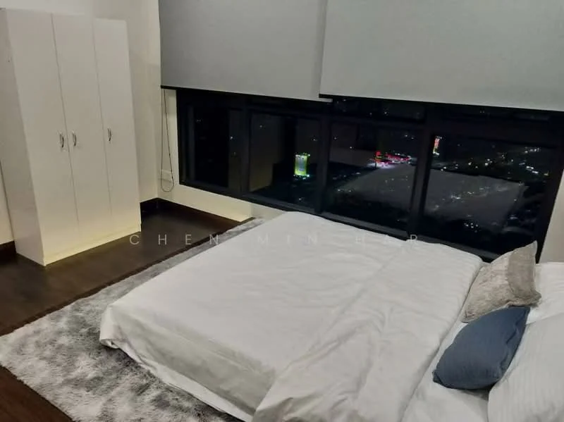 Bedroom features: king-size bed with white bedding, upholstered headboard, bedside pillows, white shag area rug, floor-to-ceiling windows, city view, built-in wardrobe with white finish, dark wood flooring, grey roller blinds; style: modern; view: city.