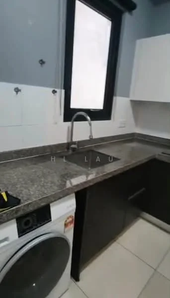Kitchen features: granite countertop, single-bowl stainless-steel sink, chrome pull-down faucet, white upper cabinets, dark lower cabinets, built-in washing machine, white tiled backsplash, grey painted walls, window with black frame, ceramic tile flooring; style: modern.