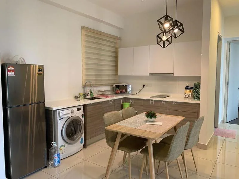 Kitchen features: white cabinets, grey laminate cabinetry, marble countertop, stainless-steel fridge, front-load washing machine, single-bowl stainless-steel sink, chrome pull-down faucet, 4-burner gas hob, microwave, pendant light, dining table with 4 chairs, tile flooring; style: modern.