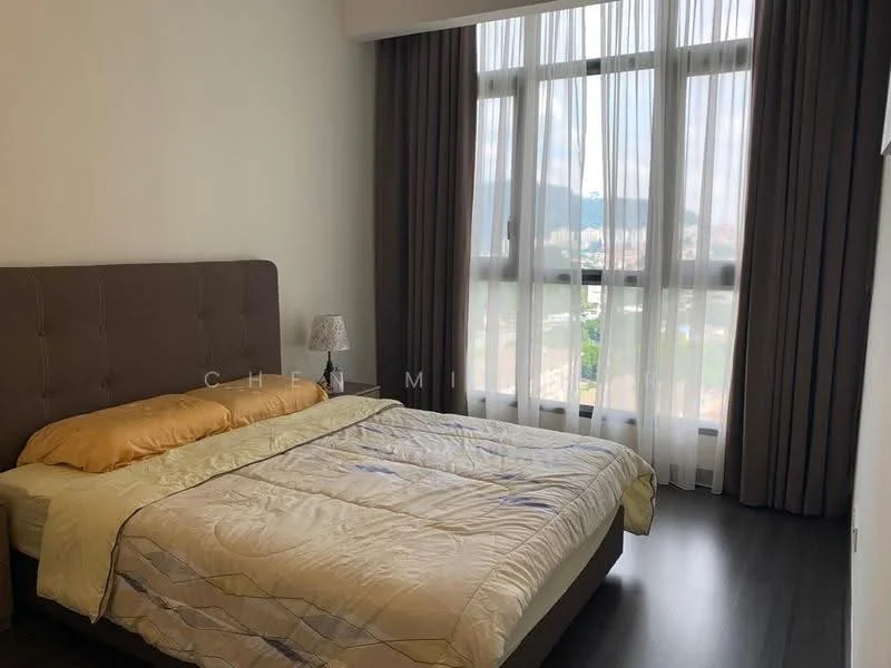 Bedroom features: king-size bed with upholstered headboard, bedding in cream and yellow, floor-to-ceiling windows, sheer curtains, dark wood flooring, decorative bedside lamp, mountain view, neutral painted walls; style: modern; view: mountain.