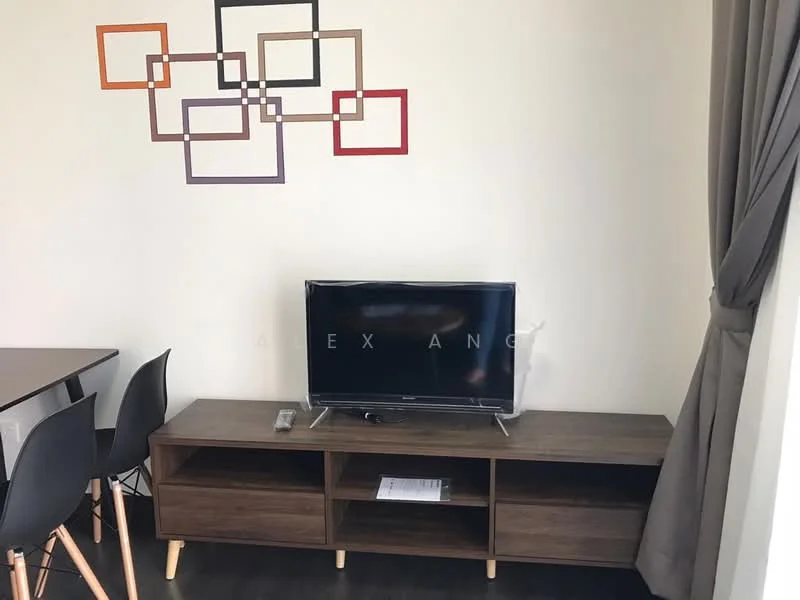 Living features: wooden TV console with open shelving, flat-screen TV, black remote control, decorative wall art with geometric shapes in multiple colors, dark laminate flooring, grey curtains, dining table with black chairs; style: modern.