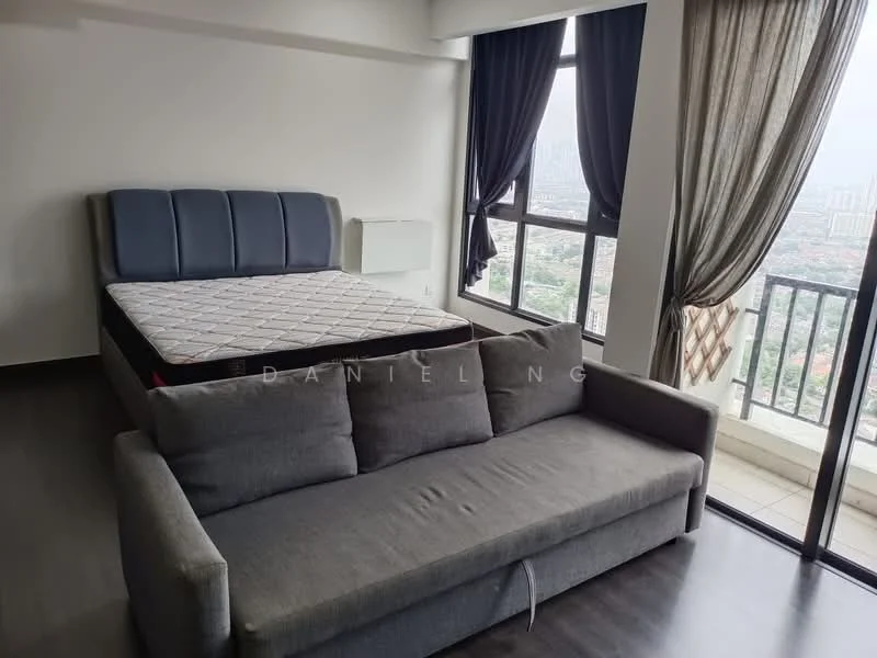 Bedroom features: king-size bed, upholstered headboard, grey fabric sofa, floor-to-ceiling windows, blackout curtains, sheer curtains, wooden flooring, air conditioning unit, city skyline view; style: modern; view: city.