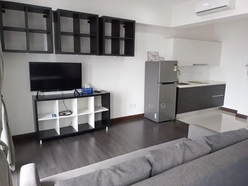 Living features: grey fabric sofa, black TV console, wall-mounted TV, open shelving units, white cabinetry, stainless-steel fridge, kitchen countertop, ceramic tile flooring, air conditioning unit, dark wood flooring; style: modern.