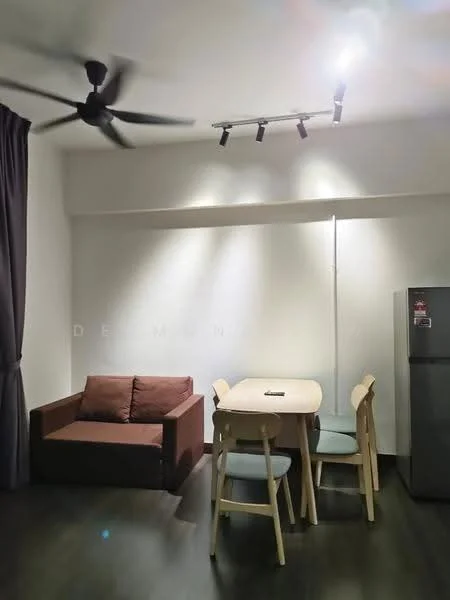 Living features: 3-seater fabric sofa in brown, dining table with 4 chairs, recessed LED downlights, ceiling fan, dark wood flooring, fridge, curtains, wall-mounted TV, decorative wall; style: modern.