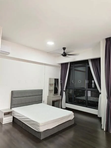 Bedroom features: queen-size bed without bedding, grey upholstered headboard, 2 bedside tables in white, floor-to-ceiling windows, blackout curtains, 5-blade ceiling fan with light, wooden flooring, dressing table with mirror, wall-mounted air conditioning unit; style: modern; view: city.