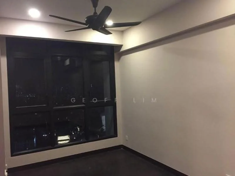 Room features: dark polished concrete flooring, grey painted walls, 5-blade ceiling fan, floor-to-ceiling windows, city view through windows; style: modern; view: city.