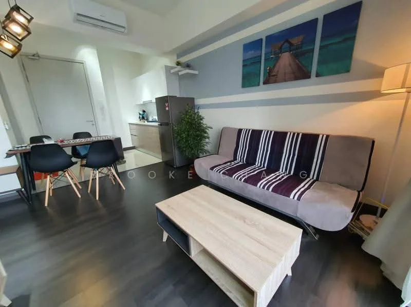 Living features: grey fabric sofa with striped cushions, wooden coffee table, black dining chairs, wall-mounted air conditioning unit, laminate flooring, decorative wall art with beach scene, floor lamp, open kitchen area visible in the background; style: modern.