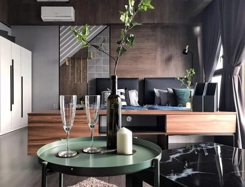Living features: dark wood accent wall, grey upholstered headboard, black bedside lamps, 2-seater sofa, coffee table with marble top, green round tray, wine glasses, bottle, candle, floor-to-ceiling windows with curtains, air conditioning unit, wooden flooring; style: modern.