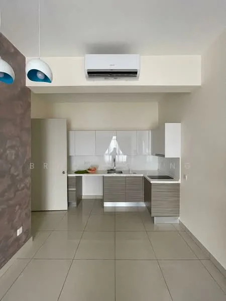 Kitchen features: white cabinetry with flat-panel design, grey laminate lower cabinets, single-bowl stainless-steel sink, chrome pull-down faucet, white countertop, built-in oven, freestanding range oven, refrigerator, wall-mounted split AC, large window for natural light, ceramic tile flooring, neutral painted walls, pendant lighting with blue accents; style: modern.