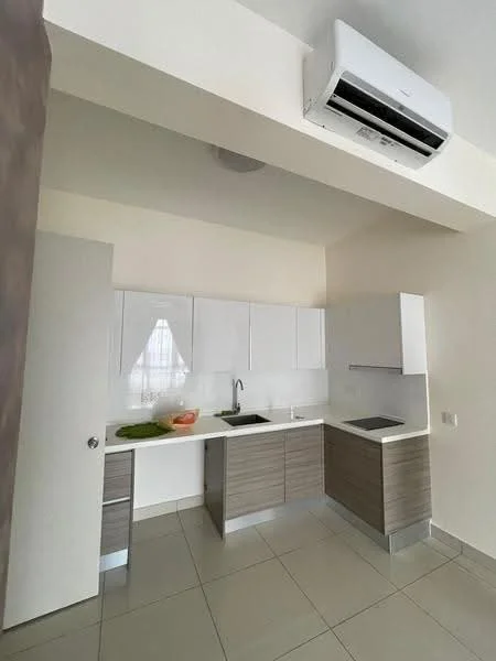 Kitchen features: white cabinetry with flat-panel doors, wood-grain lower cabinets, stainless-steel countertop, single-bowl stainless-steel sink, chrome pull-down faucet, built-in electric cooktop, wall-mounted split AC unit, ceramic tile flooring, white painted walls, recessed lighting; style: modern.