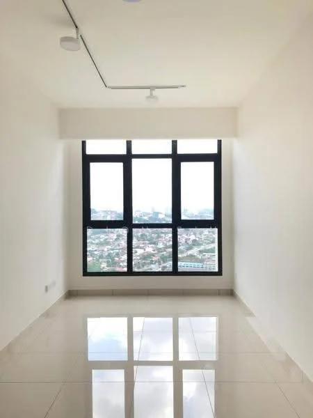 Room features: white painted walls, glossy ceramic tile flooring, floor-to-ceiling windows, city view, recessed downlights, track lighting; style: modern; view: city.