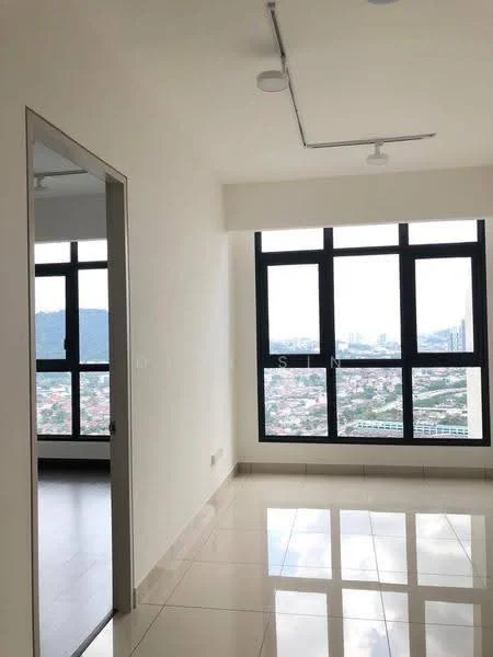 Room features: large floor-to-ceiling windows, white painted walls, polished tile flooring, recessed ceiling lights, mirror on wall, city view visible through windows; style: modern; view: city.