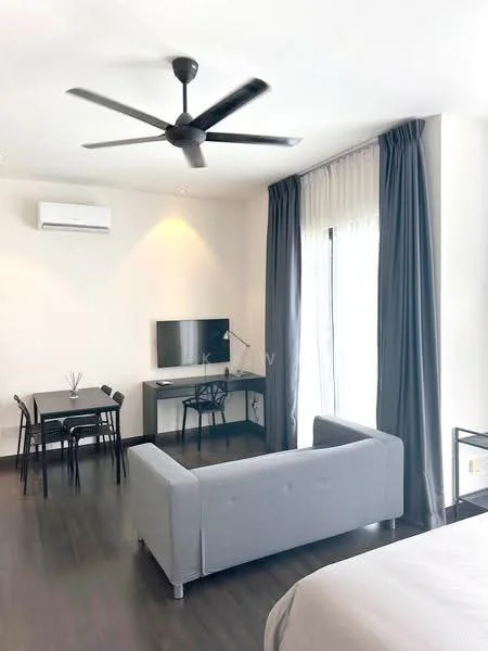 Living features: 3-seater fabric sofa in light grey, ceiling fan with 3 blades, wall-mounted TV, black dining table for 4, black dining chairs, desk with chair, floor-to-ceiling windows, sheer curtains, dark wood flooring, wall-mounted split AC; style: modern.