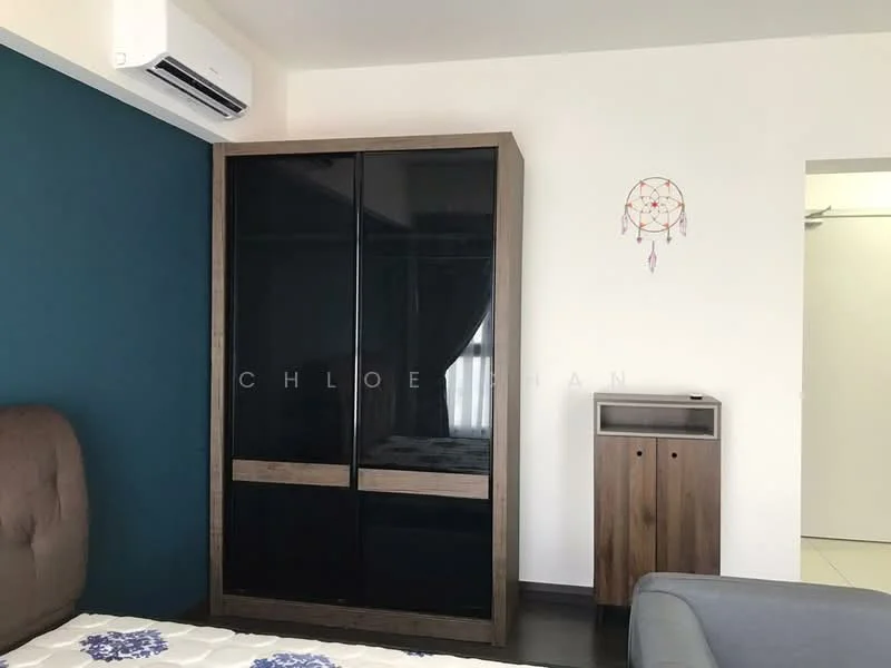 Room features: dark wood wardrobe with glass doors, light wood bedside table, blue accent wall, white walls, air conditioning unit, dark flooring, decorative dreamcatcher on wall; style: modern.