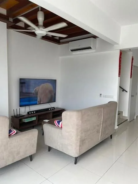 Living features: 2-seater fabric sofa in beige, 3-blade ceiling fan, wall-mounted TV, TV console, polished tile flooring, white painted walls, wall-mounted split AC, decorative cushions on sofa, wooden shelving unit, staircase visible in background; style: modern.