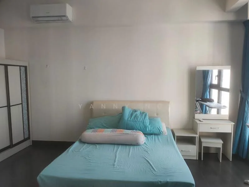 Bedroom features: queen-size bed with light blue bedding, upholstered headboard, bedside table with drawer, mirror with frame, wardrobe with sliding doors, floor-to-ceiling window with blue curtains, air conditioning unit on wall, dark wood flooring; style: modern; view: city.