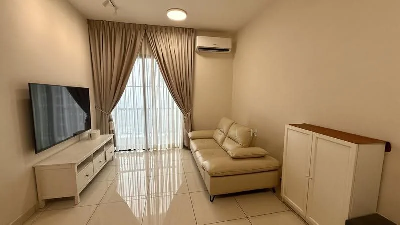 Living features: cream leather sofa, white TV console, wall-mounted TV, floor-to-ceiling windows, sheer curtains, recessed ceiling lights, wall-mounted split AC, glossy tile flooring, neutral painted walls; style: modern; view: city.