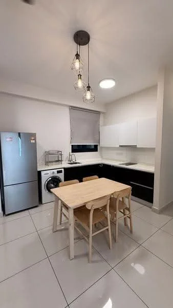Kitchen features: white cabinetry, black lower cabinets, marble countertop, stainless-steel fridge, front-load washing machine, single-bowl stainless-steel sink, chrome pull-down faucet, pendant lighting with exposed bulbs, tile flooring, roller blinds on window, wall-mounted cabinets, open shelving, 4-seater dining table, wooden dining chairs; style: modern.