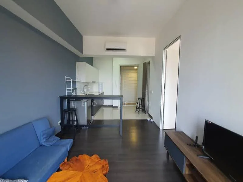 Living features: blue fabric sofa, wooden TV console, wall-mounted TV, dark wood flooring, air conditioning unit, open-plan layout, grey accent wall, light-coloured walls, black bar table with stools, orange throw blanket; style: modern. Kitchen features: white cabinetry, countertop with sink, open shelving, stainless-steel appliances; style: modern. Room features: doorway leading to hallway, light-coloured walls, flooring consistent with living area.
