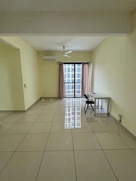 Living features: cream painted walls, glossy ceramic tile flooring, 5-blade ceiling fan with light, floor-to-ceiling sliding glass door, sheer curtains, air conditioning unit, dining table with chair, natural light from balcony; style: modern; view: city.