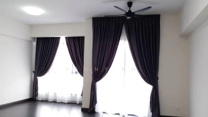 Room features: dark wood flooring, white painted walls, 5-blade ceiling fan, floor-to-ceiling windows, sheer white curtains, dark curtains, recessed ceiling lights; style: modern.