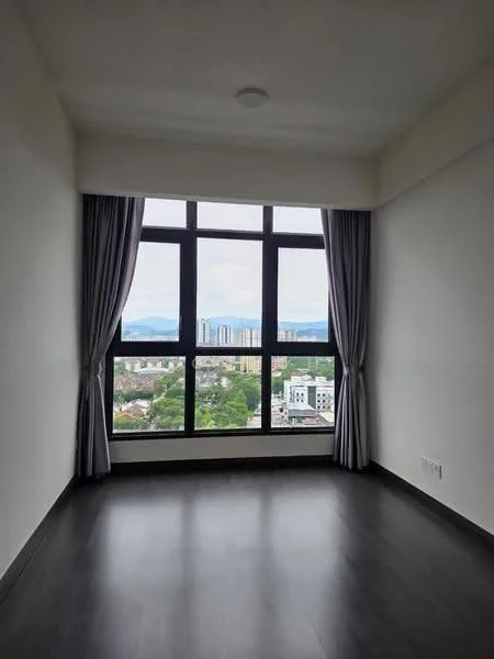 Room features: large floor-to-ceiling windows, grey curtains, plain white walls, dark wood flooring, ceiling light fixture; style: modern; view: city.
