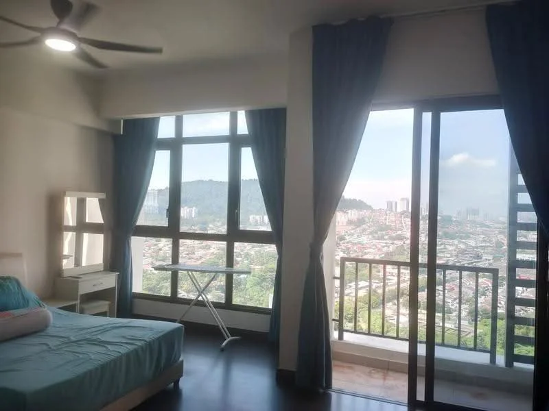 Bedroom features: king-size bed, upholstered headboard, bedside table, floor-to-ceiling windows, sliding glass door, curtains, ceiling fan, wooden flooring, city view, ironing board; style: modern; view: city.