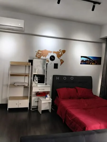 Bedroom features: king-size bed with red bedding, upholstered headboard, nightstand with drawer, white shelving unit, wall-mounted TV, decorative wall clock, map wall art, curtains, air conditioning unit, dark wood flooring; style: modern.
