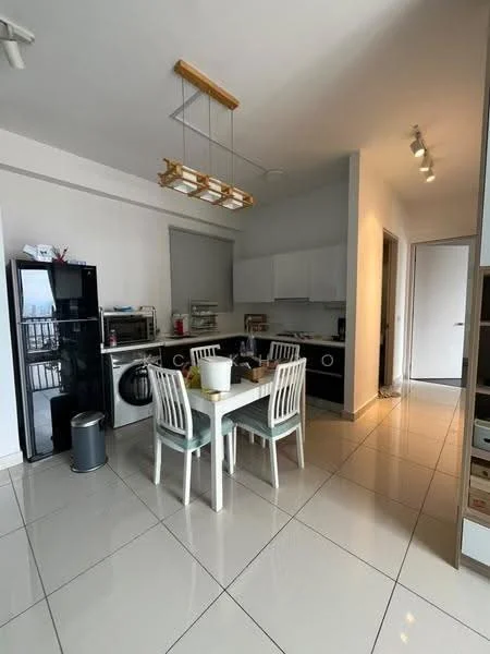 Kitchen features: white cabinetry, black countertop, stainless-steel fridge, built-in oven, freestanding range oven, single-bowl stainless-steel sink, chrome pull-down faucet, 4-burner gas hob, pendant light fixture, dining table with four chairs, tile flooring, recessed downlights; style: modern; view: city.