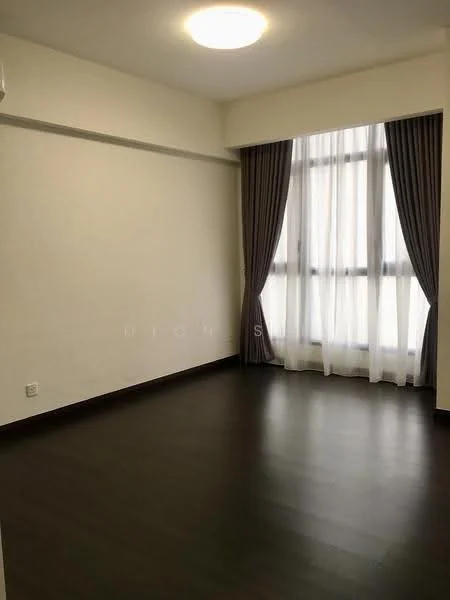Room features: dark wood laminate flooring, white painted walls, floor-to-ceiling windows, sheer curtains, dark grey curtains, ceiling light fixture; style: modern.