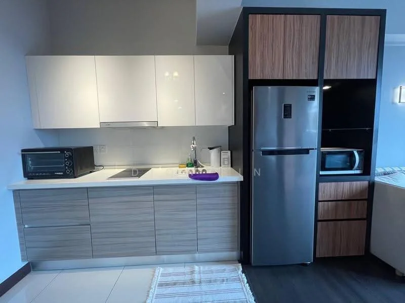 Kitchen features: white cabinetry with flat-panel design, wood grain cabinetry, stainless-steel fridge, built-in microwave, ceramic cooktop, stainless-steel sink, chrome pull-down faucet, white countertop, tile backsplash, under-cabinet lighting, open shelving, kitchen towel on countertop; style: modern.