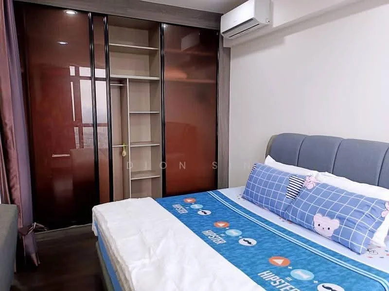 Bedroom features: queen-size bed with blue bedding, upholstered headboard in grey, built-in wardrobe with sliding glass doors, floor-to-ceiling window, air conditioning unit, dark wood flooring, decorative pillows, wall-mounted shelf; style: modern; view: city.