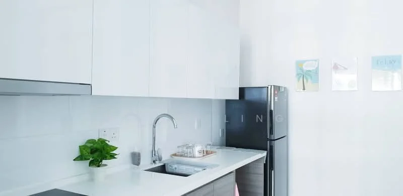 Kitchen features: white cabinetry with flat-panel doors, grey countertop, single-bowl stainless-steel sink, chrome pull-down faucet, stainless-steel fridge, white tiled backsplash, potted plant on countertop, wall-mounted electrical outlets; style: modern.