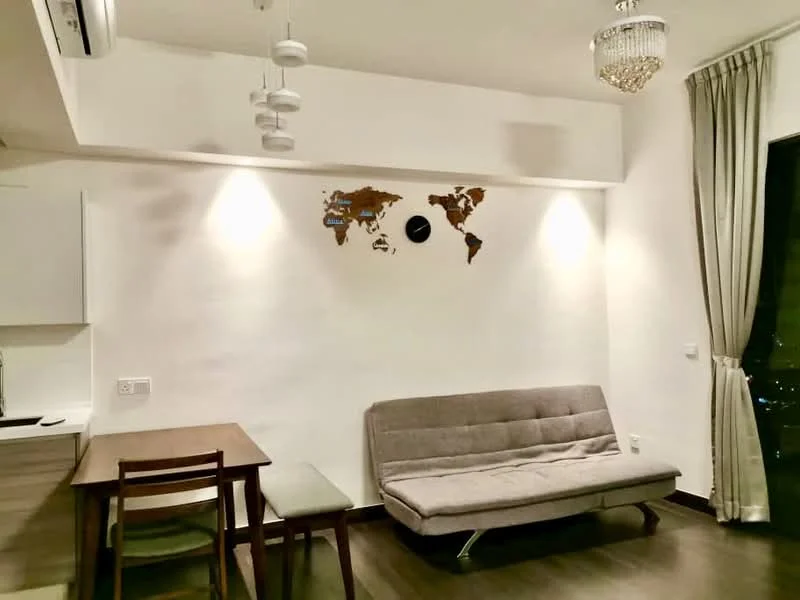 Living features: grey fabric sofa bed, wooden dining table, 4 wooden dining chairs, wall-mounted world map decor, white painted walls, recessed downlights, curtains in light grey, laminate flooring, floor-to-ceiling windows; style: modern; view: city.