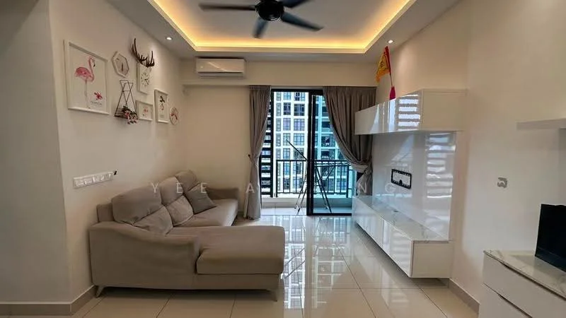 Living features: 3-seater fabric sofa in light grey, wall-mounted TV, white TV console, white feature wall, floor-to-ceiling windows, sliding glass door, curtains, recessed LED downlights, ceiling fan, glossy tile flooring, decorative wall art, air conditioning unit; style: modern; view: city.